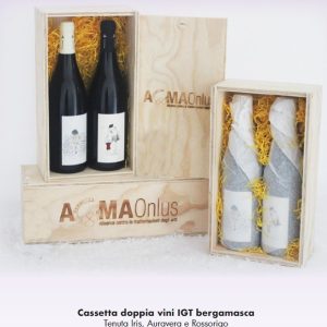 Due bottiglie di vino da 750ml  Rossorigo e Auravera IGT bergamasca TENUTA IRIS in cassetta di legno confezione regalo
